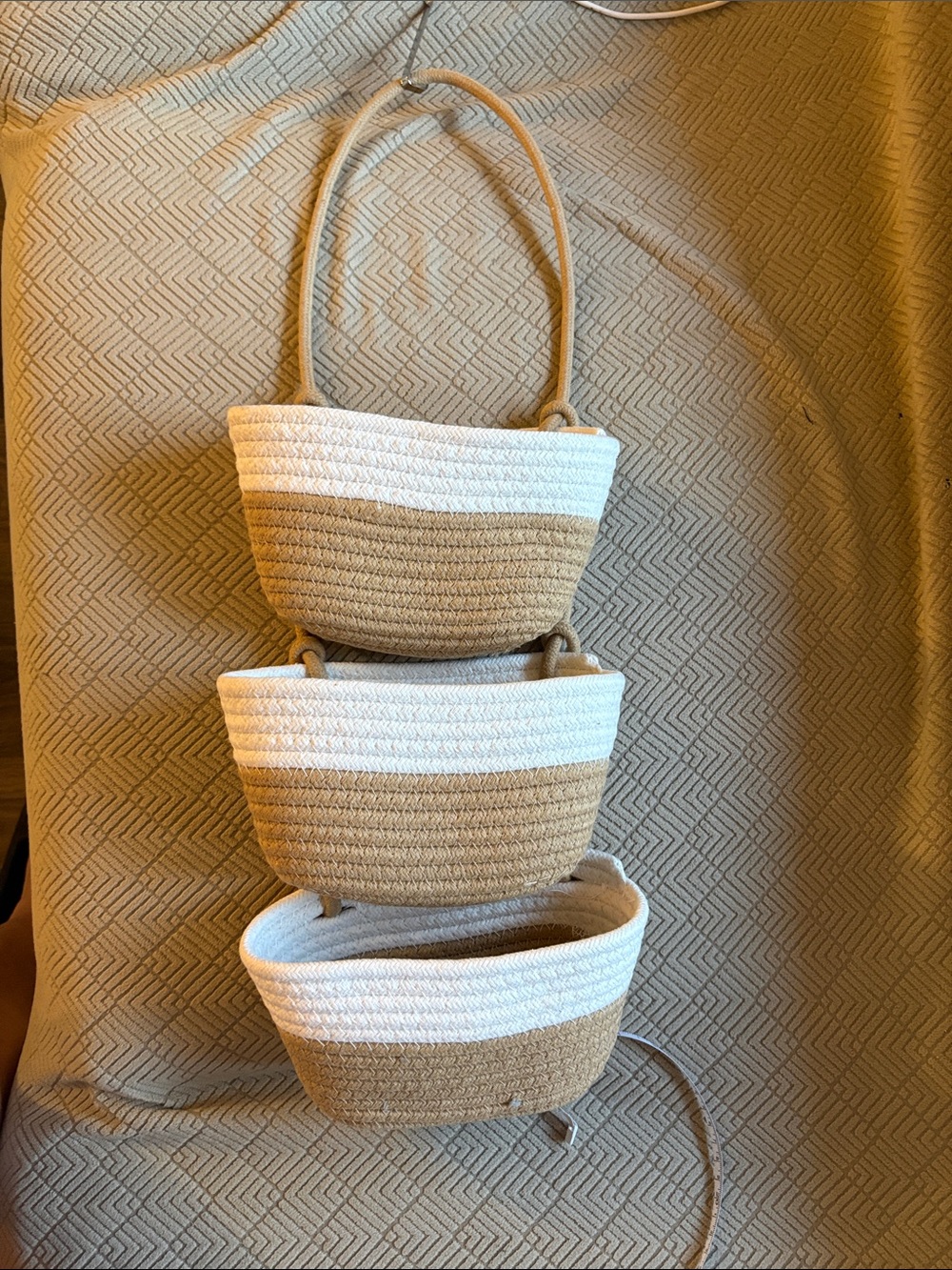 Three-Piece Woven Basket Over the Door Organizer in Beige & White